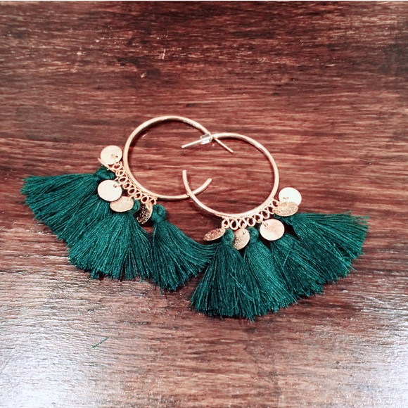 Jewelry - Green and Gold Tassel Earrings